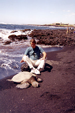 Jim with turtle at Blacksands beach